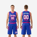 Size and spec sheet for custom royal blue and hot pink basketball uniform sets showing youth and adult size run details