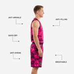 Back view of pink digital camo basketball jersey showing back number placement and player name zone with matching camo shorts