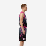Side view of black and pink custom basketball uniform set showing lightning print on jersey and shorts with pink waistband detail