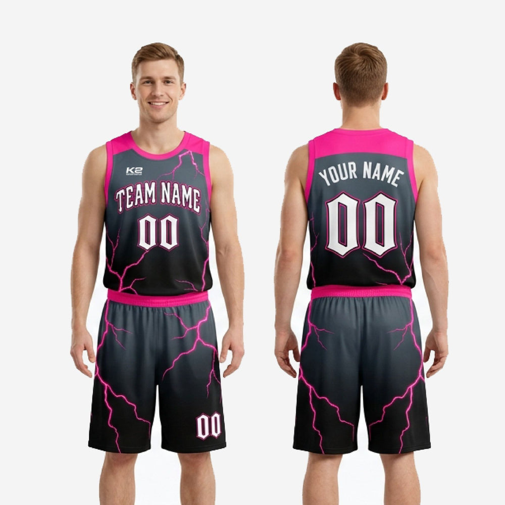 Lightning Bolt Custom Pink Basketball Uniforms - Black Jersey and Shorts