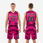 Size and specification sheet for pink digital camo custom basketball uniform set showing youth and adult sizing run