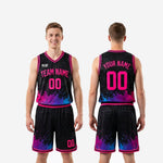 Size and specification sheet for pink basketball uniform set showing youth and adult sizing options for jersey and shorts