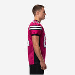Size and specification chart for custom pink and black mens football jersey showing youth through adult size run