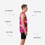Back view of custom pink camo basketball jersey showing player name and back number placement on full camo sublimated panel