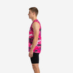 Other side view of pink camo basketball jersey showing wide armhole binding and sleeveless athletic cut for full range of motion