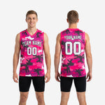 Size and spec sheet for custom pink basketball jerseys showing youth and adult sizing options for team roster orders