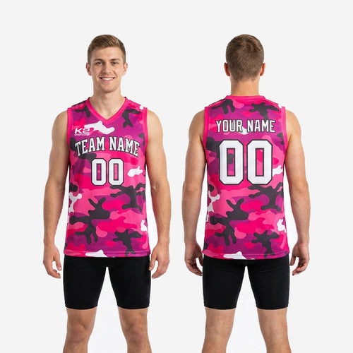 Size and spec sheet for custom pink basketball jerseys showing youth and adult sizing options for team roster orders