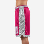 Side profile of hot pink custom basketball team shorts with wide silver geometric panel running hip to hem and silver trimmed leg opening