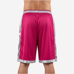 Opposite side view of sublimated pink and silver basketball shorts showing circuit-board pattern panel and elastic drawcord waistband detail