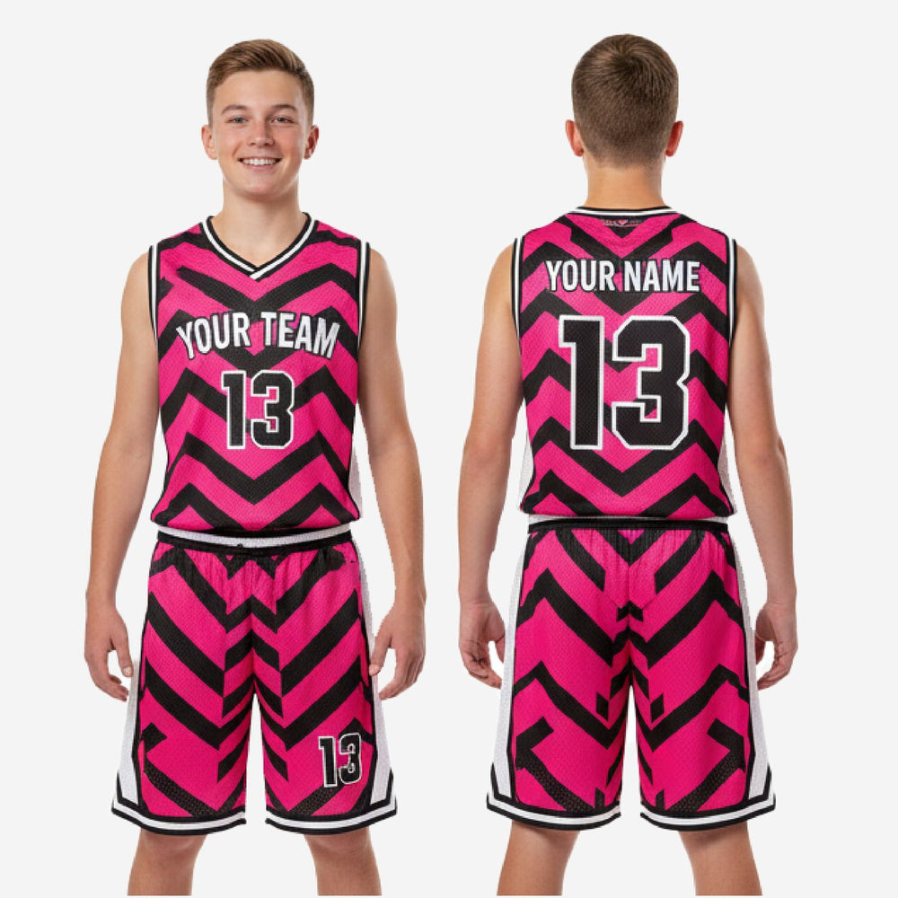 Custom Pink and Black Youth Basketball Uniforms - Chevron Set