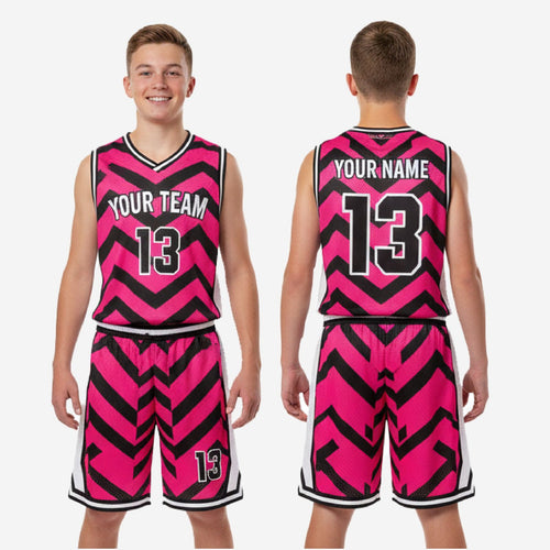 Youth basketball uniform size and specification sheet for custom pink and black chevron set showing youth size run for full roster ordering
