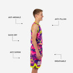 Back view of pink youth basketball uniforms displaying player name and number placement on the upper back panel
