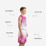 Back view of pink youth basketball uniform showing player name and back number on the fully sublimated custom jersey