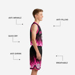 Back view of pink youth basketball uniforms showing back number placement on black flame jersey and matching shorts