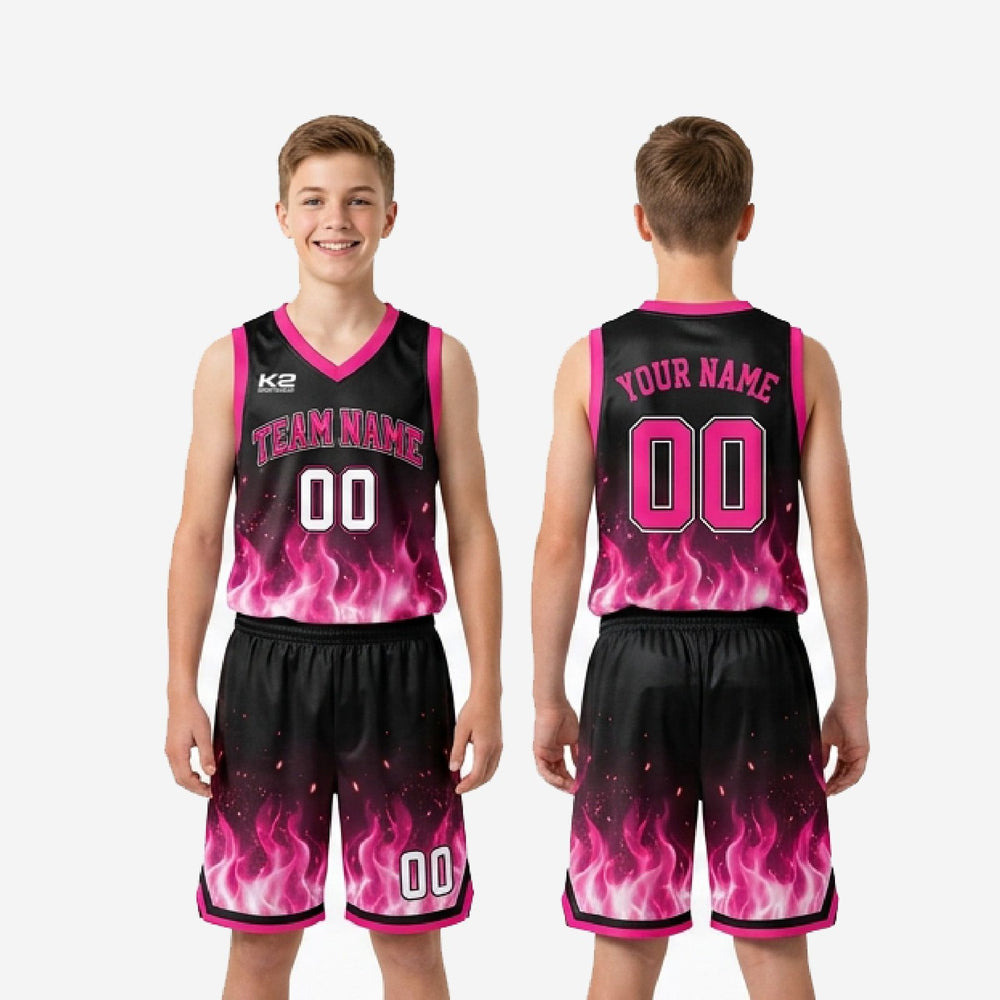 Flame Custom Pink Youth Basketball Uniforms for Travel Teams - Black