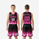 Size and specification sheet for custom pink and black flame youth basketball uniform set in youth sizes