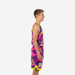 Front view of pink youth basketball uniforms featuring V-neck collar with yellow binding and camo lightning crack pattern