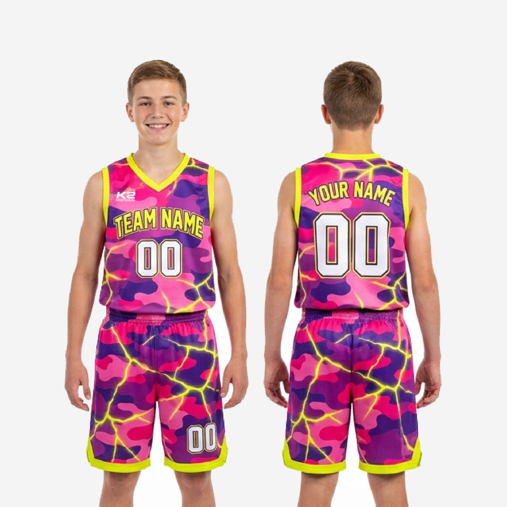 Yellow Trim Custom Pink Youth Basketball Uniforms - Purple Camo