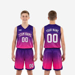 Youth size and specification sheet for custom pink youth basketball uniforms in purple and hot pink gradient