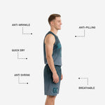 Back view of custom charcoal pinstripe basketball jersey showing back name and number print zones in teal