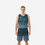 Custom pinstripe basketball uniforms in teal and charcoal showing full front and back of the two-piece jersey and shorts set