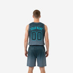 Reverse side view of teal and charcoal custom pinstripe basketball uniform set showing shorts waistband and stripe continuity