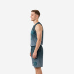 Side view of charcoal pinstripe basketball jersey and matching shorts showing crew neckline binding and continuous stripe pattern