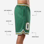 Close-up of the gold and white V-notch hem trim on sublimated green pinstripe basketball shorts for teams