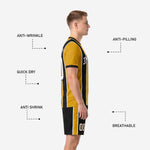 Black soccer shorts with gold side stripe, part of complete custom soccer kit