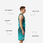 Back view of custom sublimated teal basketball uniform showing player name arc and back number on the jersey and player number on the left shorts leg