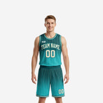 Pinstripe teal basketball uniforms two-piece set showing full front and back of the gradient teal jersey and matching shorts with cream pinstripes and player number