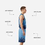 Back view of carolina blue basketball uniform showing sublimated player name and number across upper back in navy lettering