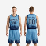 Size and specification sheet for carolina blue and navy pixel-burst custom basketball uniform jersey and shorts set