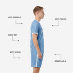 Powder blue soccer shorts with white side stripe and player number on left leg, part of custom plain soccer uniforms set
