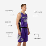 Back view of purple and black basketball uniform set showing back number placement and curved silver and black side panels on shorts