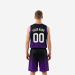 Back view of purple and black basketball jersey and shorts set with player number and name printed at upper back