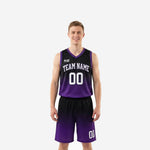 Purple and black basketball uniforms full set front view, black-to-purple gradient jersey and matching shorts with white arced team name and number 00