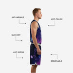 Back view of galaxy purple and black basketball uniform set showing back number placement and silver-grey trim on armholes and shorts hem