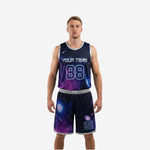 Purple and black basketball uniforms galaxy sublimated full set with silver-grey trim, team name and number 88 on chest, matching shorts front view
