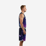 Custom purple and black basketball uniform galaxy print sleeveless jersey with light blue team name and front number 88, adult male model front view