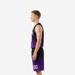 Opposite side view of black and purple sublimated basketball uniform set showing armhole binding trim and shorts side panel gradient