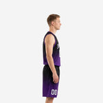 Side view of custom purple and black basketball uniform showing gradient fade from black chest to purple hem on jersey and shorts