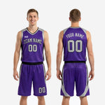 Size and specification sheet for purple and black basketball uniform set showing youth and adult sizing options