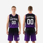 Size and specification sheet for custom purple and black basketball uniform set covering youth and adult sizing across full roster