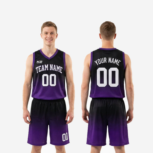 Size and specification sheet for custom purple and black basketball uniform set covering youth and adult sizing across full roster