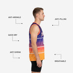 Back view of custom purple and gold basketball jersey showing back name and number placement on the gradient panel