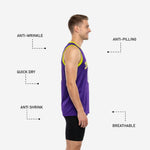 Back view of custom purple and gold basketball jersey showing back name and back number placement on solid purple sublimated fabric