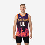 Purple and gold basketball jerseys with flame sublimation print, orange V-neck trim, team name arc on front and number on back, worn by adult male model