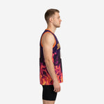 Front view of custom purple and gold basketball jersey with gold arched team name, white and gold number 00, and orange armhole binding