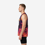 Left side view of custom sleeveless purple basketball jersey showing full flame graphic rising from hem across side panel